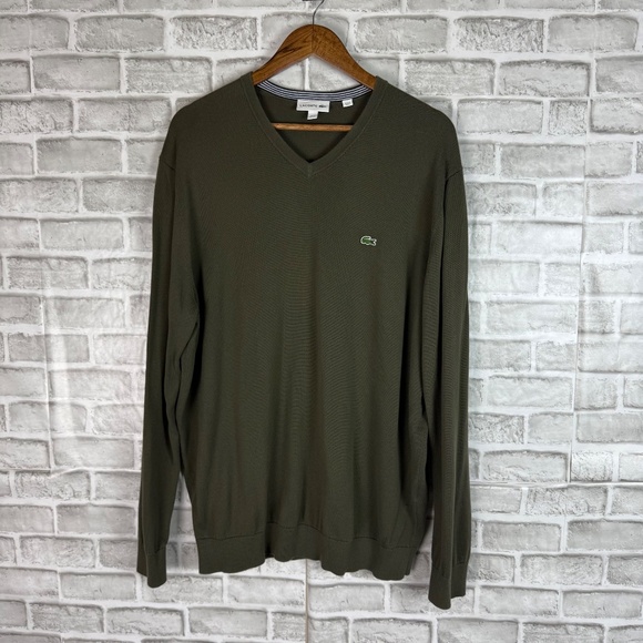 LACOSTE Authentic Forest Green V-Neck Pullover Cotton Sweater Mens 7 / 2XL - Picture 2 of 9